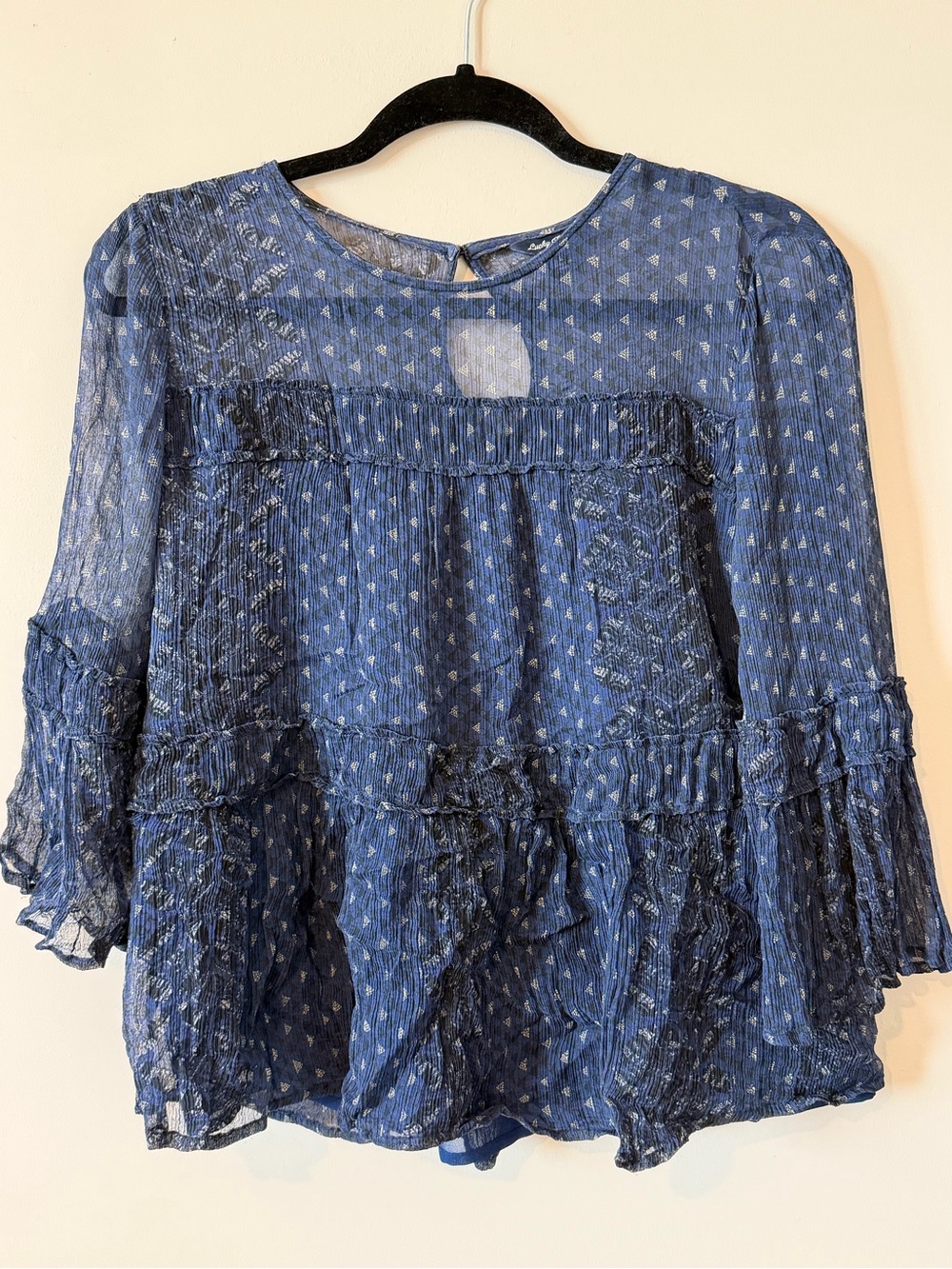 Lucky Brand Navy Blue Printed Ruffle Peasant Blouse